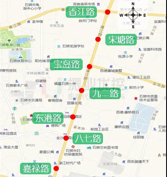 圖1 濠江路協(xié)調(diào)路段各路口地理位置圖（平峰時段）(單位：s)